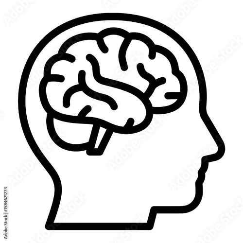 A flat black and white line icon of a human head profile with visible brain inside