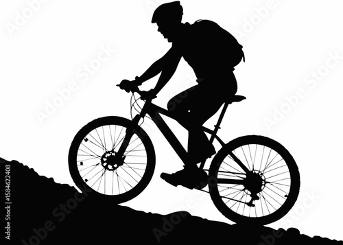  A Gritty Silhouette of a Cyclist Ascending a Steep Slope, Backpack in Tow and Muscles Engaged, Symbolizing the Relentless Climb, the Drive for Challenge, and the Unbreakable Rhythm of the Trailblazer