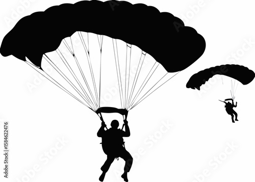 A Powerful Silhouette of Parachutists in Mid-Descent, Suspended Beneath Open Canopies Against the Sky—Embodying Courage, Precision, and the Breathtaking Serenity of Flight Beyond Fear