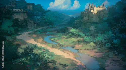 A fantasy landscape with lush greenery, waterfalls, and castles in the background.