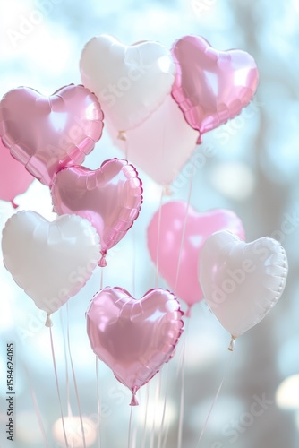 Pink and white heart balloons floating in soft bright light creating romantic gentle holiday celebration