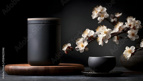 A serene still life featuring a dark ceramic tea cup and jar beside a blooming branch of white flowers, evoking tranquility and elegance.