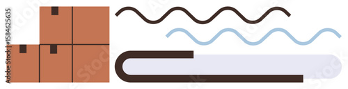 Stacked cardboard boxes alongside wavy lines, symbolizing movement, supply chain, storage, and logistics management. Ideal for delivery, packaging, shipment, transportation order fulfillment