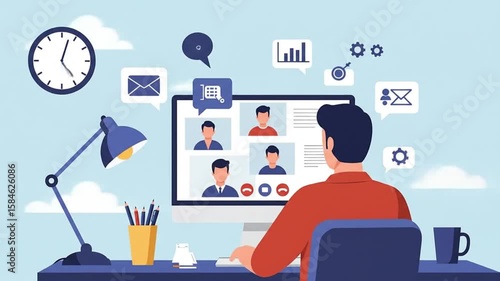 Vector animation of a man at a desk in a video conference. Abstract business icons symbolize remote work, team collaboration, and new ideas.