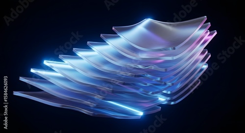 Futuristic 3D Layers of Curved Transparent Glass Sheets with Neon Glow on Dark Background