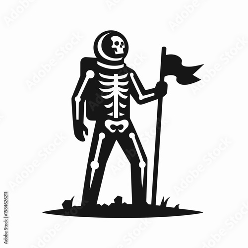 A Skeleton as Astronaut planting flag proud. Skull Bones Skeletal Clipart Line Art Vector Illustration. Bony cosmonaut affixing banner content gleeful lunar expedition triumph.