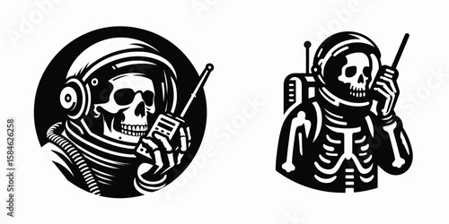 A Skeleton as Astronaut communicating via radio serious. Skull Bones Skeletal Clipart Line Art Vector Illustration. Bone spaceman chatting on receiver somber discovery journey outward.