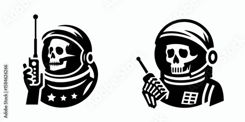 A Skeleton as Astronaut communicating via radio serious. Skull Bones Skeletal Clipart Line Art Vector Illustration. bony space traveler chatting wireless grim.