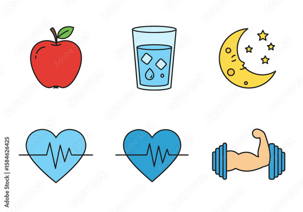 Fototapeta premium Illustrated Icons of Health & Wellness Practices Nutrition, Hydration, Sleep, and Fitness for a Healthy Lifestyle