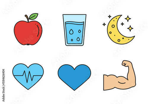 Healthy Lifestyle Vector Icons Apple, Water, Sleep, Heart, and Strength for Wellness Concepts