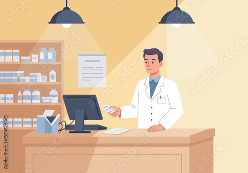 Cartoon Pharmacist Serving Customer at Counter in Pharmacy Interior, showcasing healthcare services and pharmaceutical expertise.