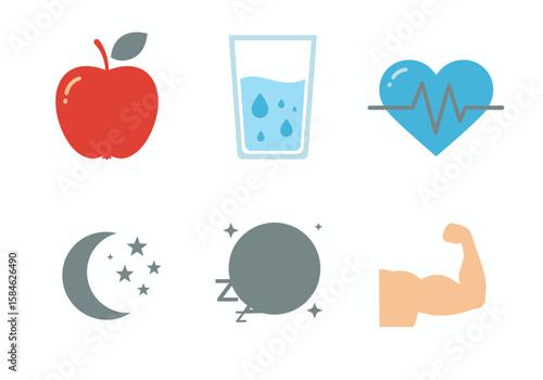 Healthy Lifestyle Icons Apple, Water, Heart, Sleep, Exercise. Vector graphics for health and wellness concepts.