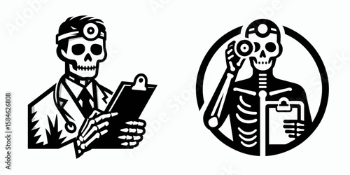 A Skeleton as Doctor holding clipboard with focus. Skull Bones Skeletal Clipart Line Art Vector Illustration. Bony medic chart in hand showing attentiveness and concentration.