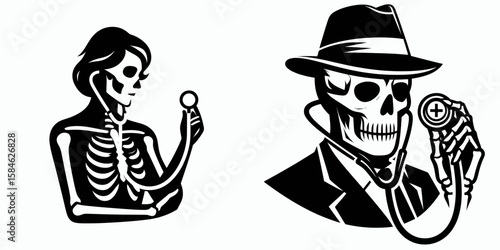 A Skeleton as Doctor checking stethoscope with seriousness. Skull Bones Skeletal Clipart Line Art Vector Illustration. healer doing exam sound device looking grave and thoughtful.