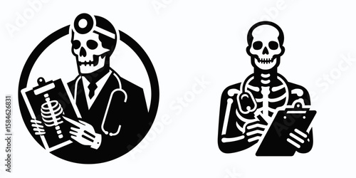 A Skeleton as Doctor holding clipboard with focus. Skull Bones Skeletal Clipart Line Art Vector Illustration. Bony figure like medic keeping note upon board showing deep care.