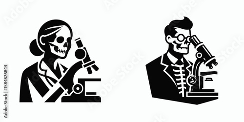 A Skeleton as Doctor looking through microscope with curiosity. Skull Bones Skeletal Clipart Line Art Vector Illustration. Bone physician observes tiny things wonderment via optic device.