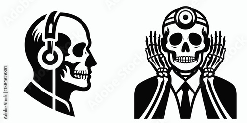 A Skeleton as Doctor listening with empathy. Skull Bones Skeletal Clipart Line Art Vector Illustration. Bone figure healer giving care showing kindness and feeling concern.