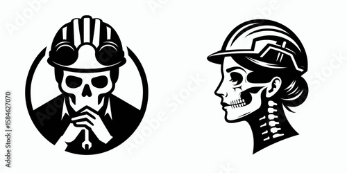 A Skeleton as Engineer drawing design with concentration. Skull Bones Skeletal Clipart Line Art Vector Illustration. Bony figure technician crafting blueprint idea focus and attention.