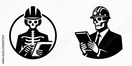 A Skeleton as Engineer holding tablet analyzing. Skull Bones Skeletal Clipart Line Art Vector Illustration. Bony automaton functioning planner with pad examining details.