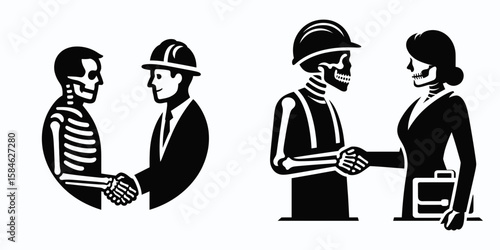 A Skeleton as Engineer shaking hands on teamwork. Skull Bones Skeletal Clipart Line Art Vector Illustration. Bone figure inventor joining palms for mutual effort collaboration.