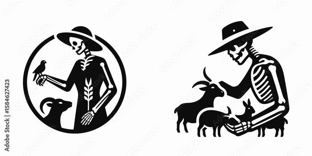 A Skeleton as Farmer feeding animals with care. Skull Bones Skeletal Clipart Line Art Vector Illustration. Bone figure tending creature supplying nutrition gentleness on rural land. A Skeleton as Farmer feeding animals with care. Skull Bones Skeletal Clipart Line Art Vector Illustration. Bone figure tending creature supplying nutrition gentleness on rural land.