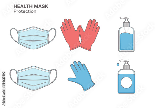 Essential health safety kit Masks, gloves, and sanitizer for protection against germs and viruses.