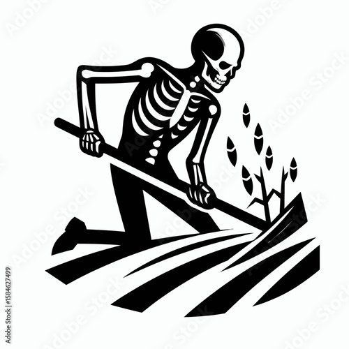 A Skeleton as Farmer harvesting crops with strength. Skull Bones Skeletal Clipart Line Art Vector Illustration. Bony agriculturalist gathering produce might agrarian worker hard at job.
