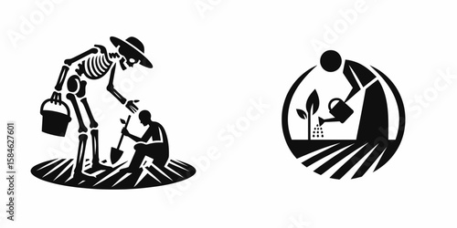A Skeleton as Farmer planting seeds with hope. Skull Bones Skeletal Clipart Line Art Vector Illustration. Bony harvester putting grain within soil showing optimism future growth.