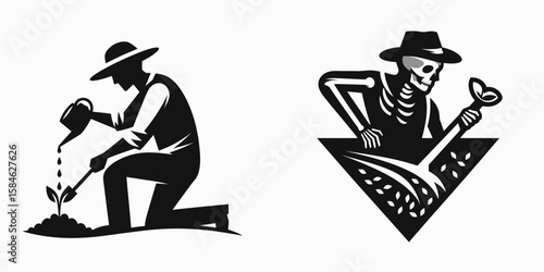 A Skeleton as Farmer planting seeds with hope. Skull Bones Skeletal Clipart Line Art Vector Illustration. Bony harvester putting grain into ground aspiration for crop.