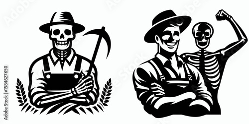 A Skeleton as Farmer smiling at successful yield. Skull Bones Skeletal Clipart Line Art Vector Illustration. Bony harvester joyful fertile crop spooky gardener having good fortune.