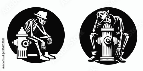 A Skeleton as Firefighter resting on hydrant tired. Skull Bones Skeletal Clipart Line Art Vector Illustration. .