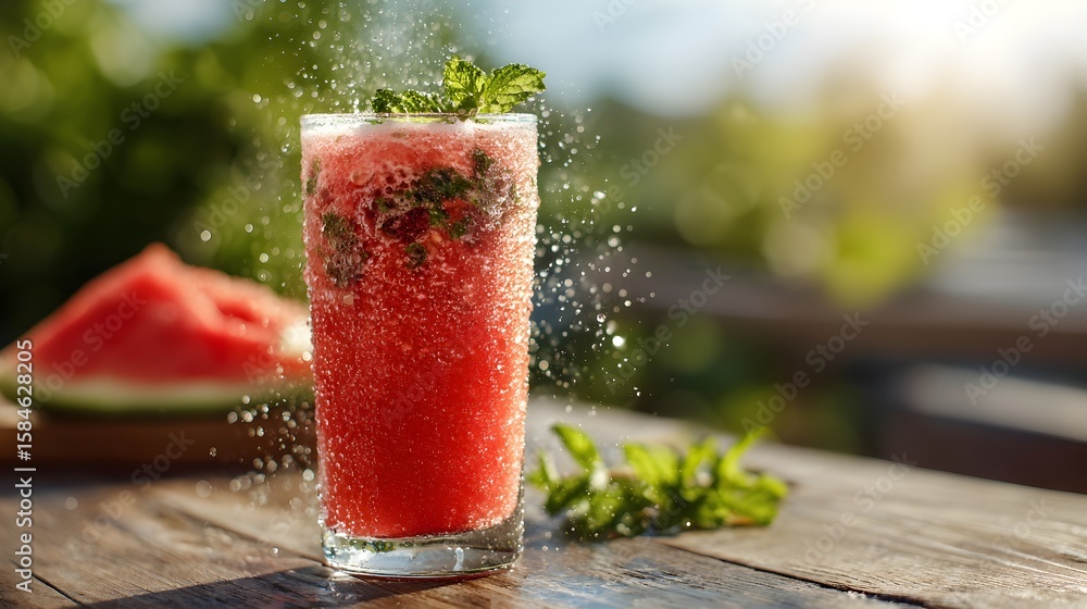 Refreshing watermelon mint cooler in a glass, with mint leaves and watermelon slices surrounding it. Refreshing watermelon mint cooler in a glass, with mint leaves and watermelon slices surrounding it.