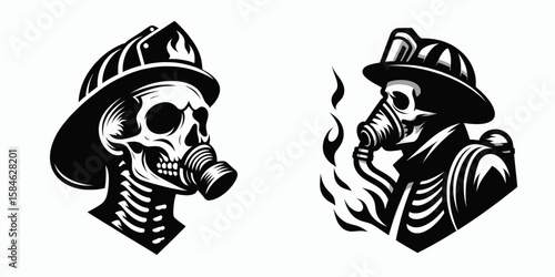 A Skeleton as Firefighter wearing mask breathing deeply. Skull Bones Skeletal Clipart Line Art Vector Illustration. .