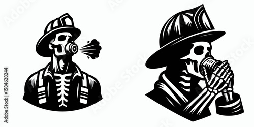A Skeleton as Firefighter wearing mask breathing deeply. Skull Bones Skeletal Clipart Line Art Vector Illustration. .