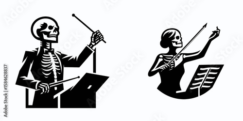 A Skeleton as Musician conducting orchestra confidently. Skull Bones Skeletal Clipart Line Art Vector Illustration. Bony figure playing music directs band with great skill sure performance.