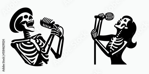 A Skeleton as Musician singing into mic joyfully. Skull Bones Skeletal Clipart Line Art Vector Illustration. Bone artist vocalizing at device with delight merry performance.