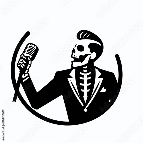 A Skeleton as Musician singing into mic joyfully. Skull Bones Skeletal Clipart Line Art Vector Illustration. Bone artist vocalizing at microphone with delight happy music performance.