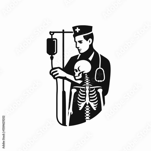 A Skeleton as Nurse adjusting IV drip carefully. Skull Bones Skeletal Clipart Line Art Vector Illustration. Bony caregiver managing fluid infusion attentively healthcare concept image.