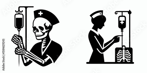 A Skeleton as Nurse adjusting IV drip carefully. Skull Bones Skeletal Clipart Line Art Vector Illustration. Bony caregiver tweaking fluid infusion slowly with focus and great attention.