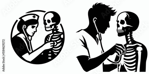A Skeleton as Nurse checking pulse with concentration. Skull Bones Skeletal Clipart Line Art Vector Illustration. Bony caregiver focused on patient heartbeat examination showing vital signs.