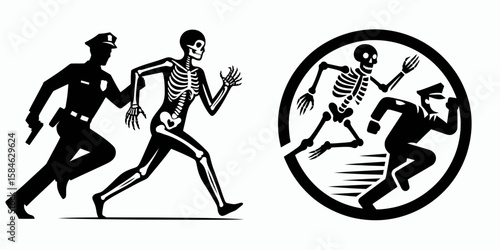 A Skeleton as Police officer chasing suspect determined. Skull Bones Skeletal Clipart Line Art Vector Illustration. Boney figure law agent pursues wrongdoer resolved crime investigation.