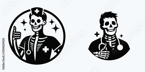 A Skeleton as Nurse smiling encouragement. Skull Bones Skeletal Clipart Line Art Vector Illustration. Bone doctor offering happy boost good health aid positive vibe.