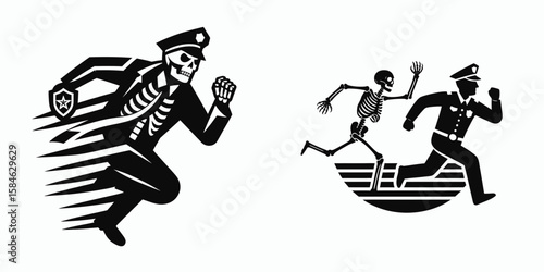 A Skeleton as Police officer chasing suspect determined. Skull Bones Skeletal Clipart Line Art Vector Illustration. Bone figure like guardian in pursuit of lawbreaker showing resolve.