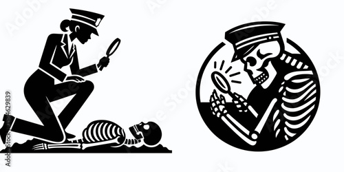 A Skeleton as Police officer investigating scene curiously. Skull Bones Skeletal Clipart Line Art Vector Illustration. Bony lawman at crime location strange odd probe with wonder.
