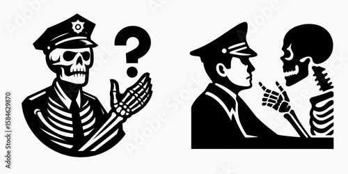 A Skeleton as Police officer questioning witness with intensity. Skull Bones Skeletal Clipart Line Art Vector Illustration. Bony law agent probing person closely forceful examination.