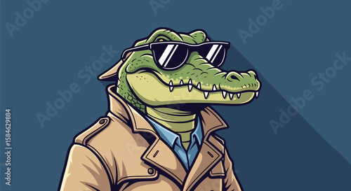 A cool alligator character wearing sunglasses and trench coat, posing with a confident expression.