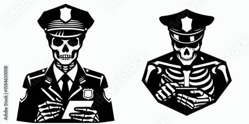 A Skeleton as Police officer writing ticket with stern face. Skull Bones Skeletal Clipart Line Art Vector Illustration. Bony lawman issues penalty notice severe look on face enforcing.
