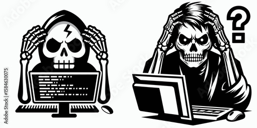 A Skeleton as Programmer debugging with frustrated frown. Skull Bones Skeletal Clipart Line Art Vector Illustration. .