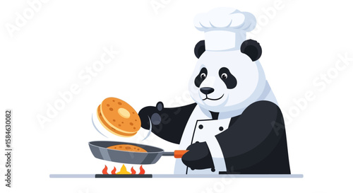 A cheerful panda chef expertly flips pancakes on a stove.