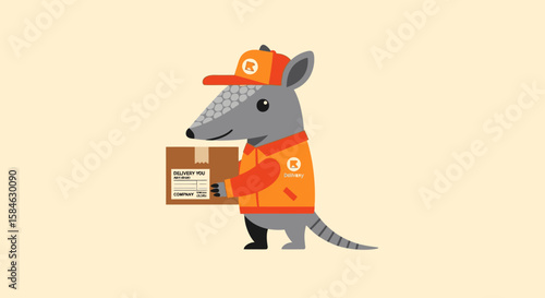 Cartoon armadillo wearing a cap and jacket, delivering a brown cardboard package on a light beige background.